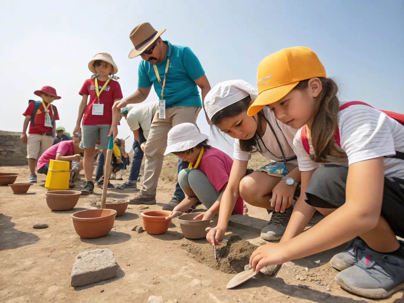 A group of volunteers participating in a hands-on archaeological dig at a local site, carefully excavating and documenting artifacts.