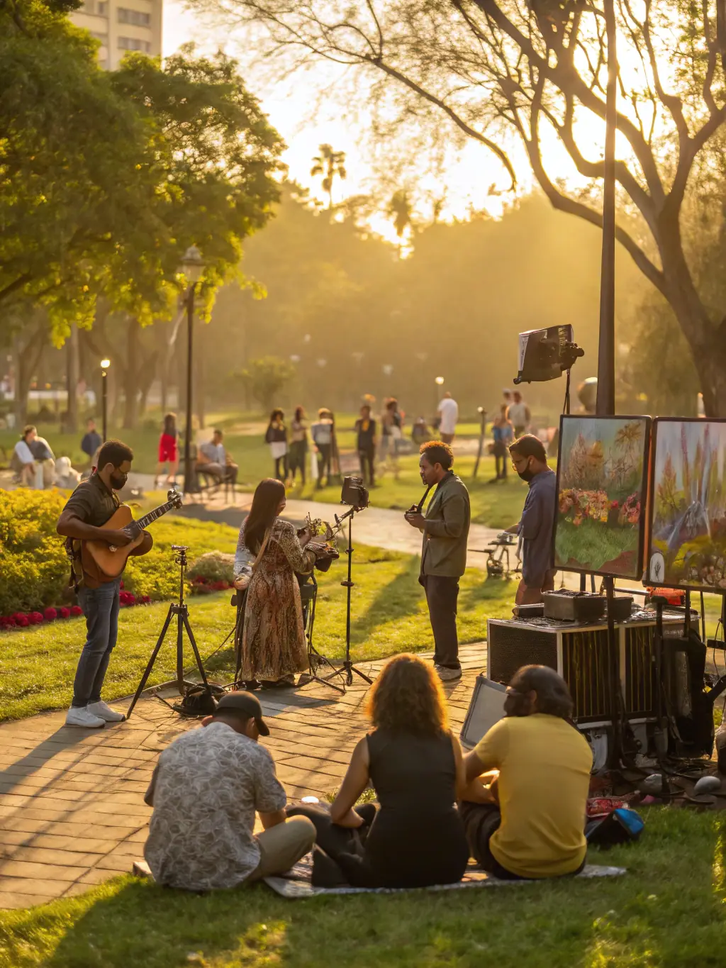 A vibrant image of a community event organized by ASSA at an archaeological site, featuring guided tours, interactive exhibits, and cultural performances, attracting a diverse audience.