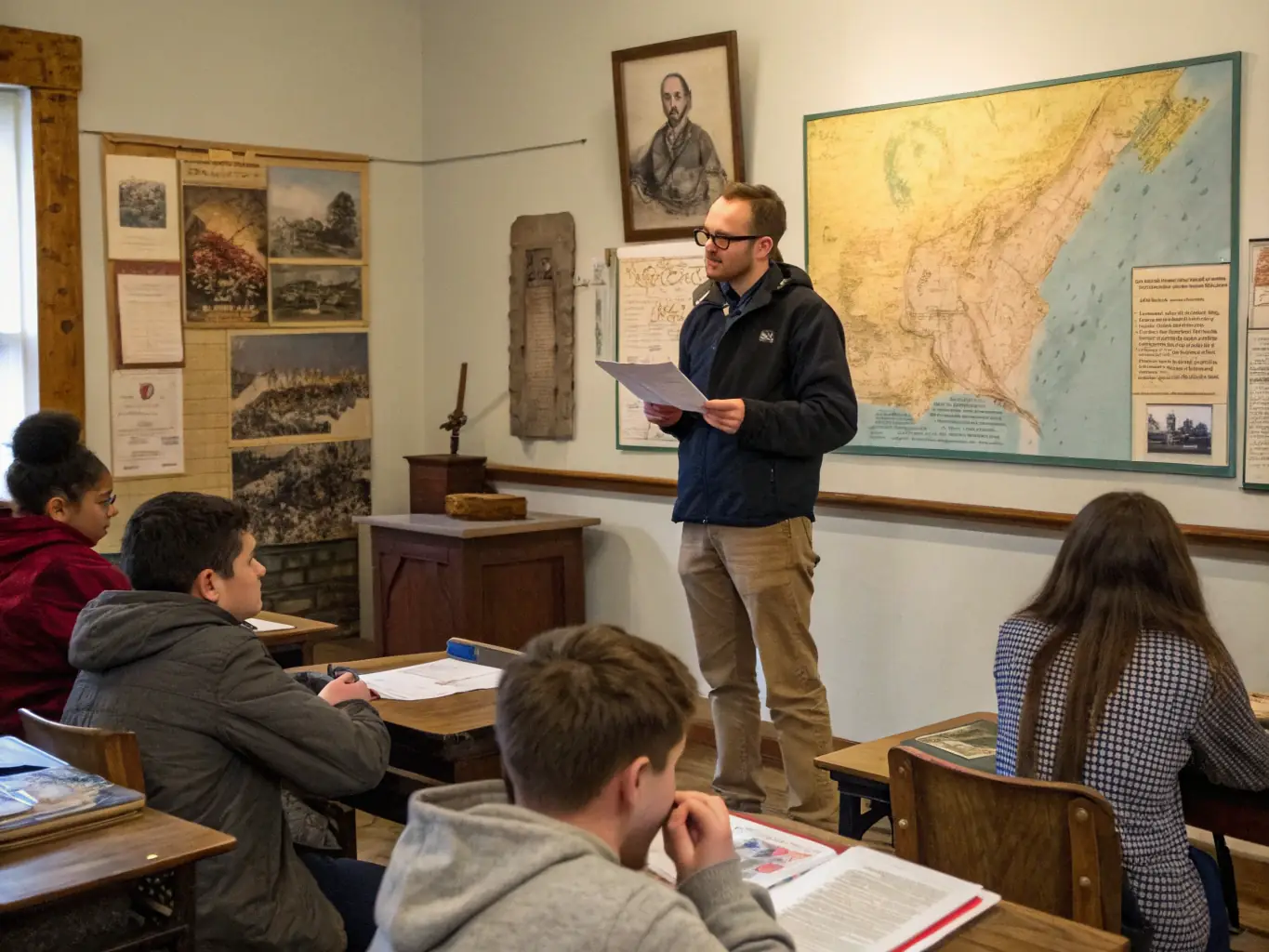 A photograph of a classroom setting where an archaeologist is giving a presentation to a group of students about the importance of preserving archaeological sites.