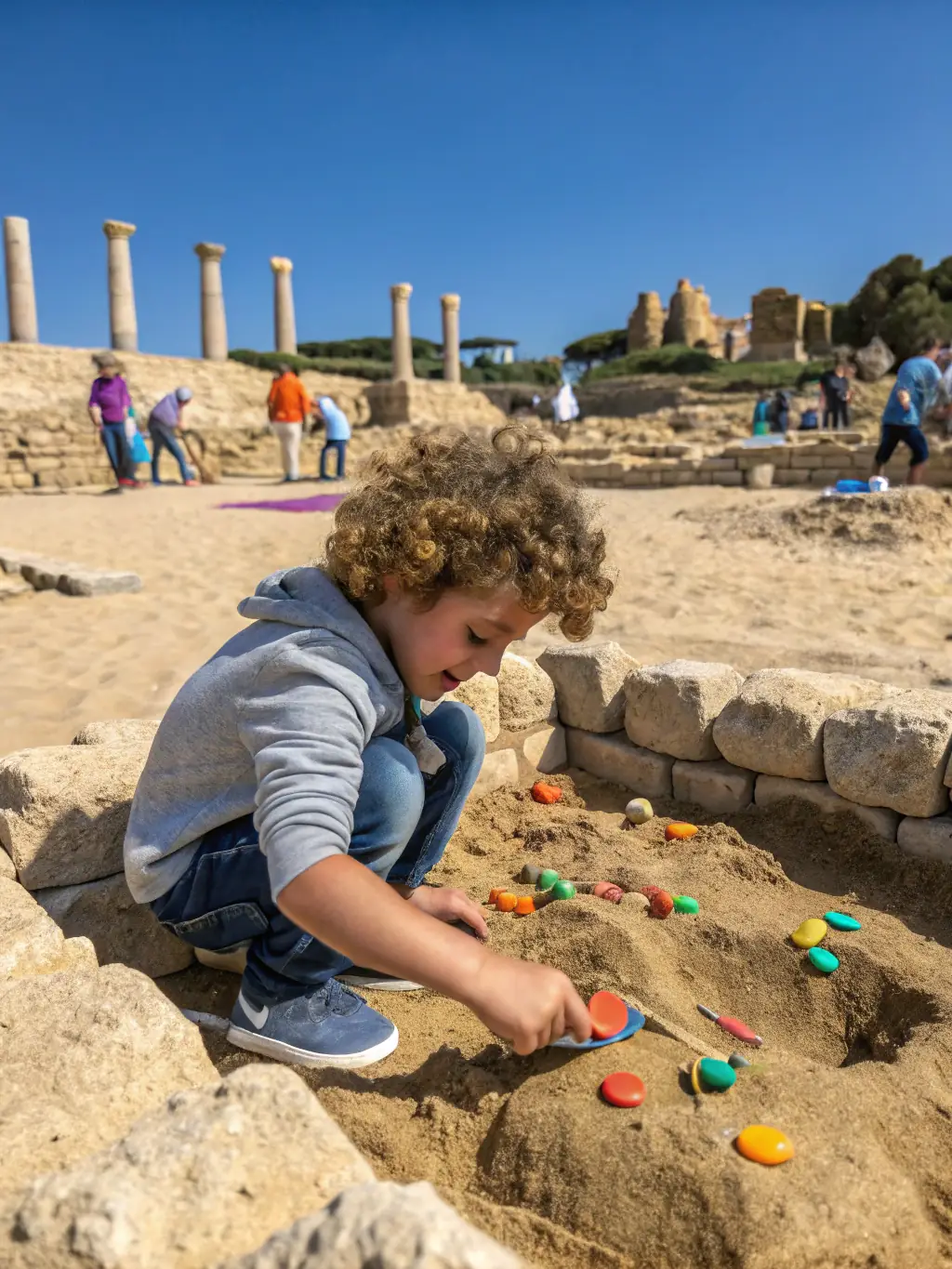 A photograph of children participating in an archaeological dig simulation, carefully excavating artifacts under the supervision of an ASSA instructor, set in a controlled environment designed to mimic a real dig site.