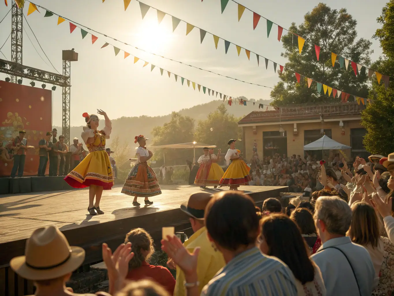 A vibrant image of a community event at an archaeological site, featuring guided tours, interactive exhibits, and cultural performances.